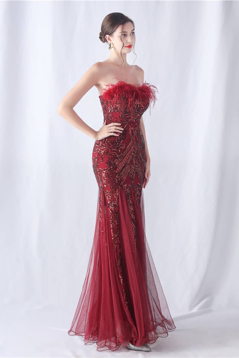 CWDMD3628_FURRY STRAPLESS SEQUIN EVENING DRESS LONG