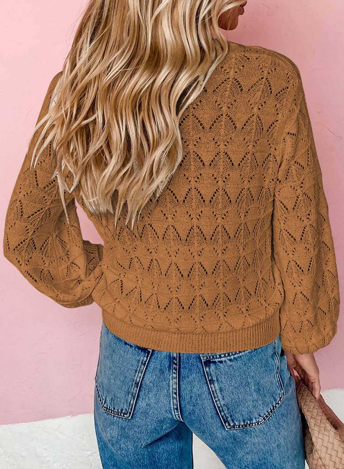 LONG SLEEVE CROCHET V-NECK CARDIGAN