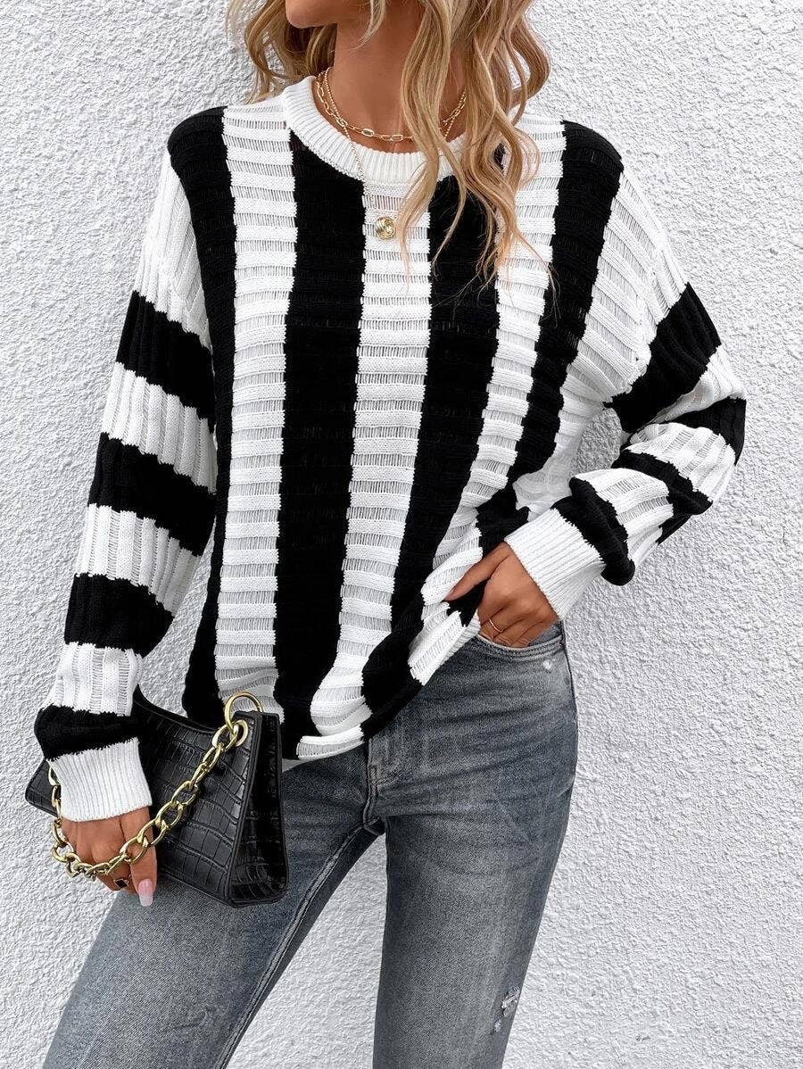 Stripe hollowed-out long-sleeved knitted sweater