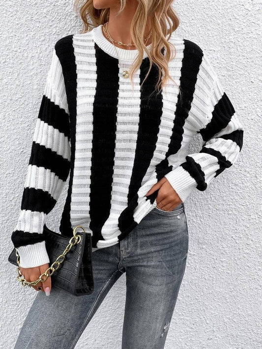 Stripe hollowed-out long-sleeved knitted sweater