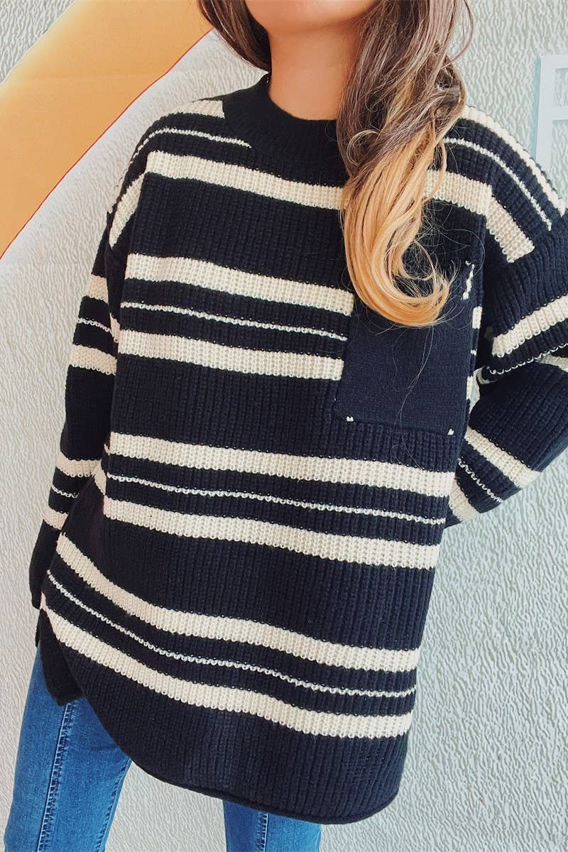 Thick pin stripe color contrast round neck pullover