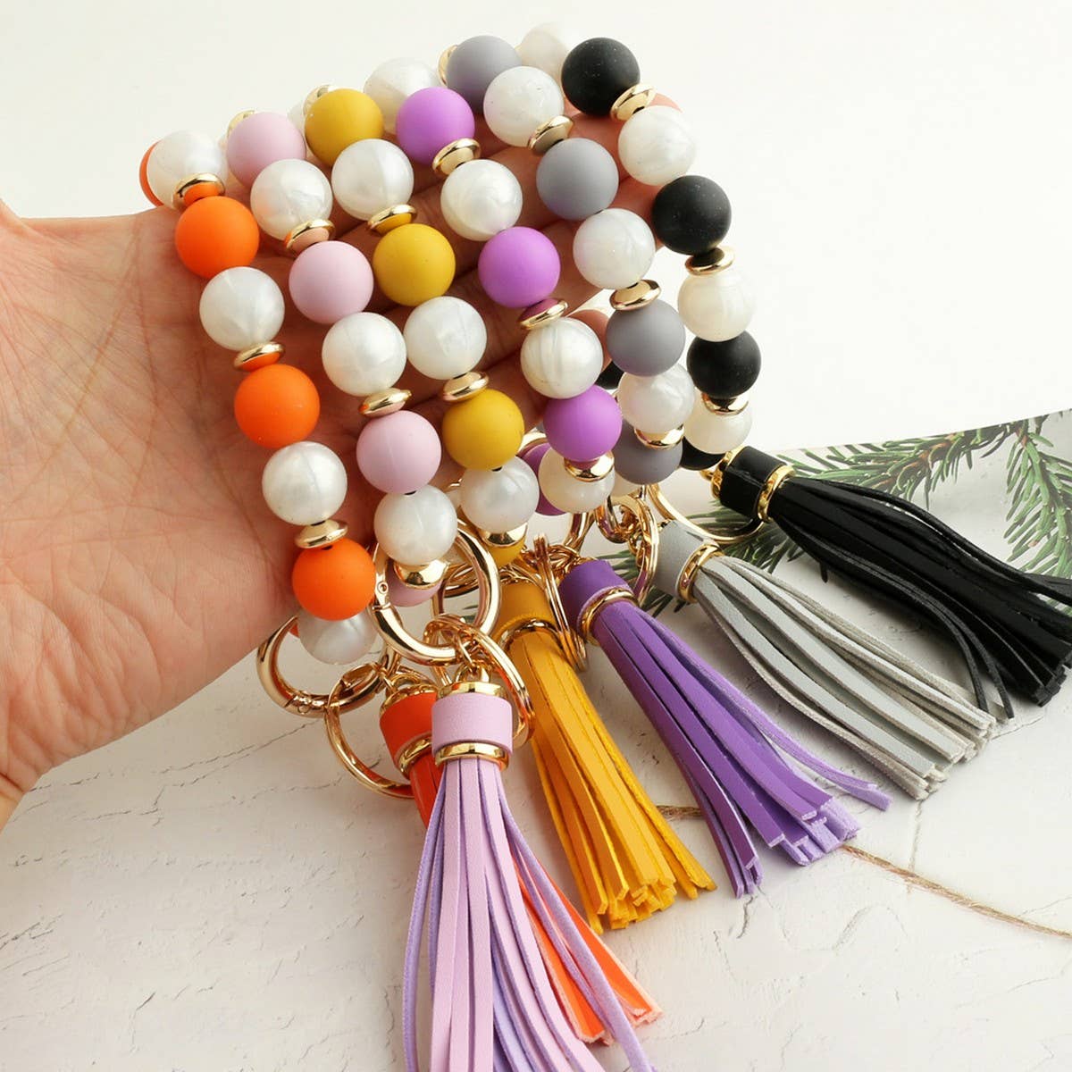 Silicone Bead Bracelet Keychain with Tassel_CWAB5026
