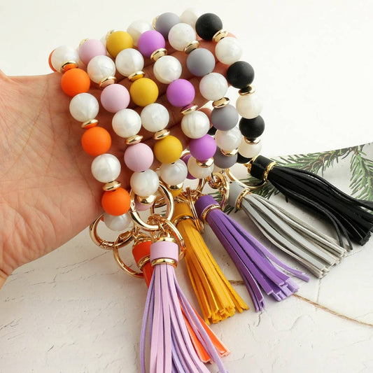 Silicone Bead Bracelet Keychain with Tassel_CWAB5026