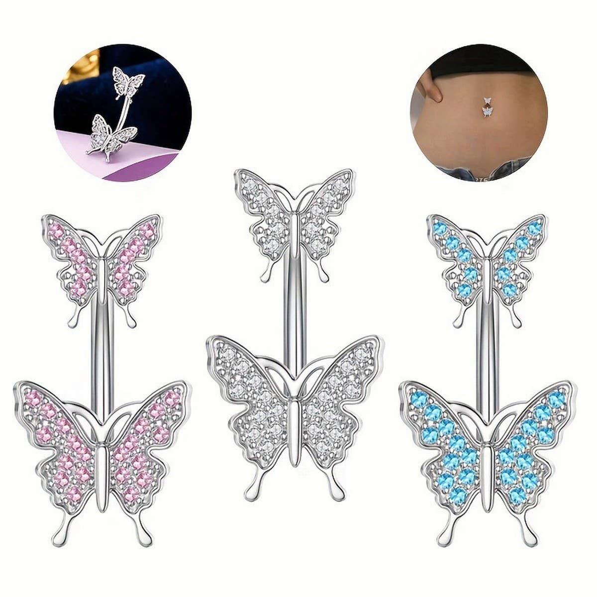 Double Butterfly CZ Belly Ring Hypoallergenic