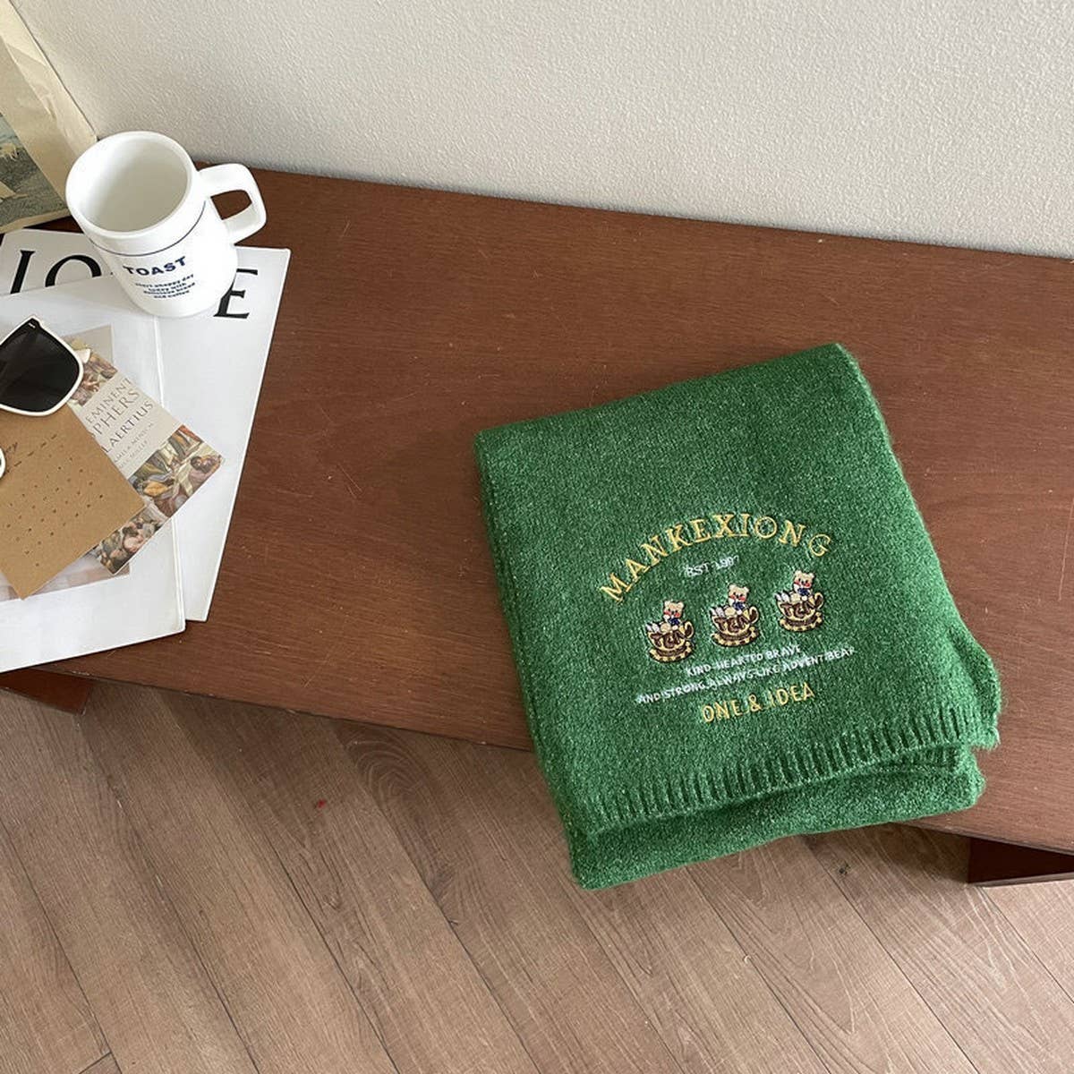 CUTE BEAR EMBROIDERY SOLID COLOR KNITTED SCARF