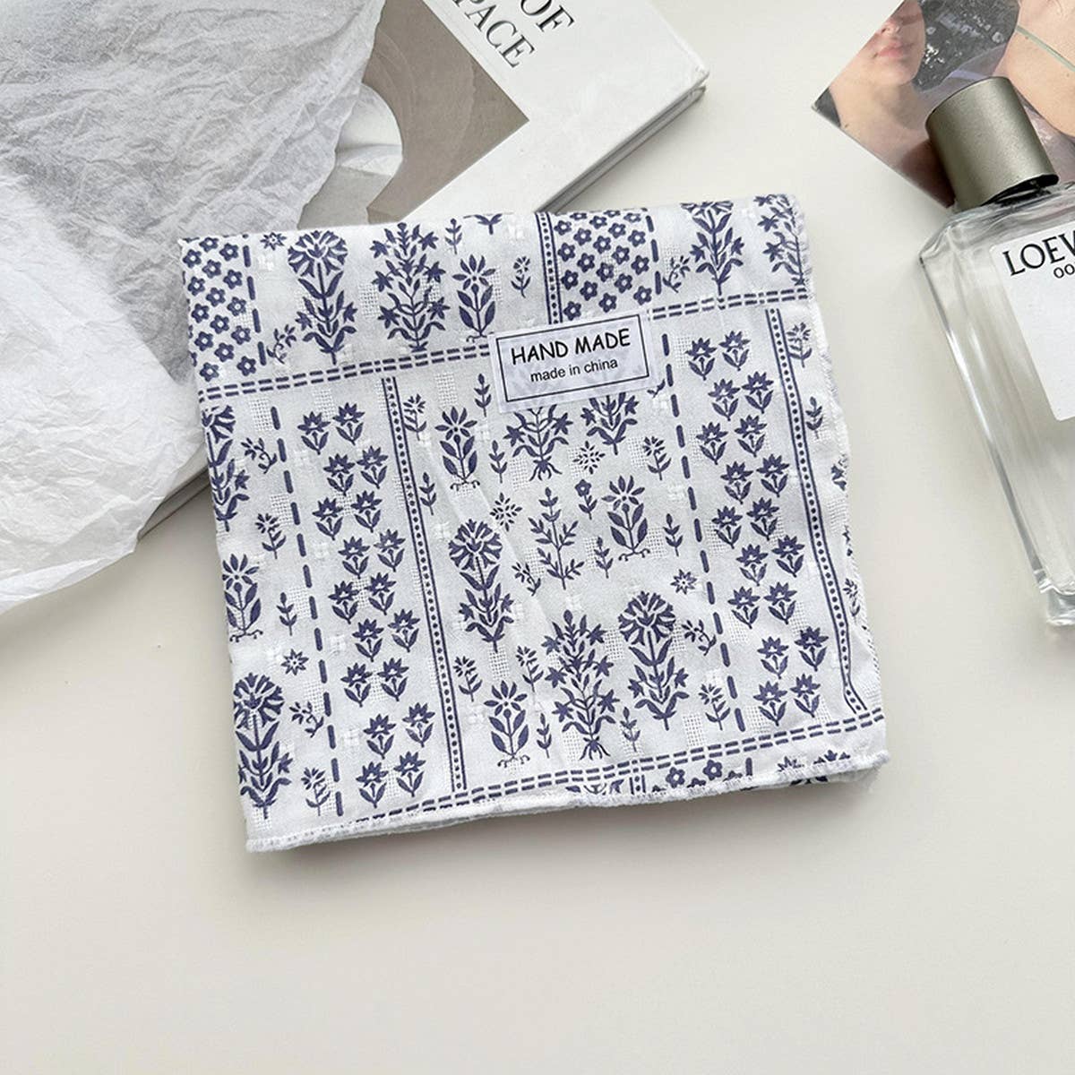 Floral Cotton Linen Square Scarf for Women