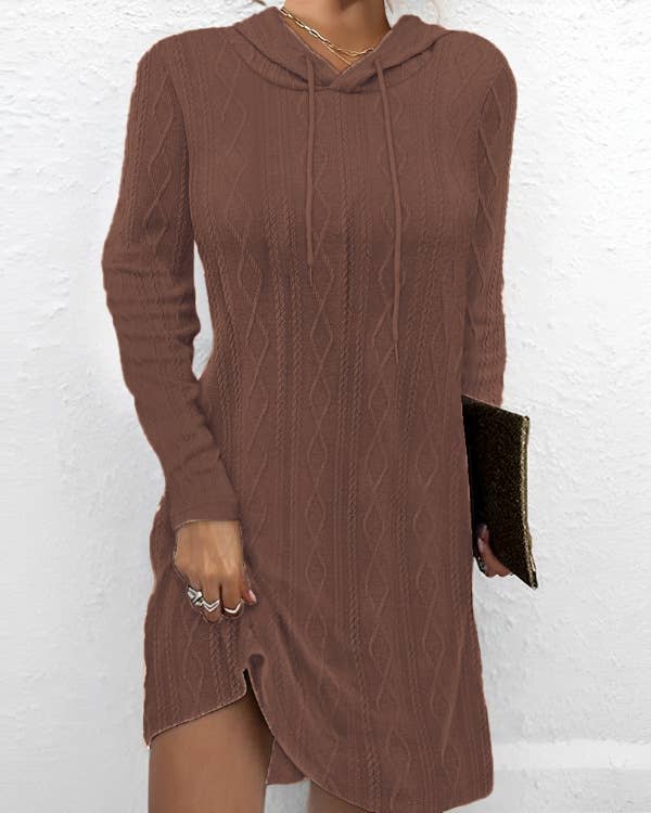 SOLID COLOR LONG-SLEEVED HOODED JUMPER KNIT DRESS
