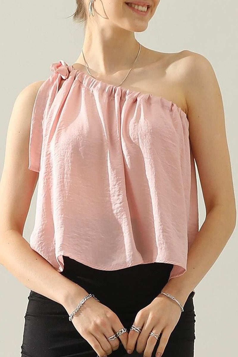 ONE SHOULDER BOW TIE STRAP SATIN SILK BLOUS TOP