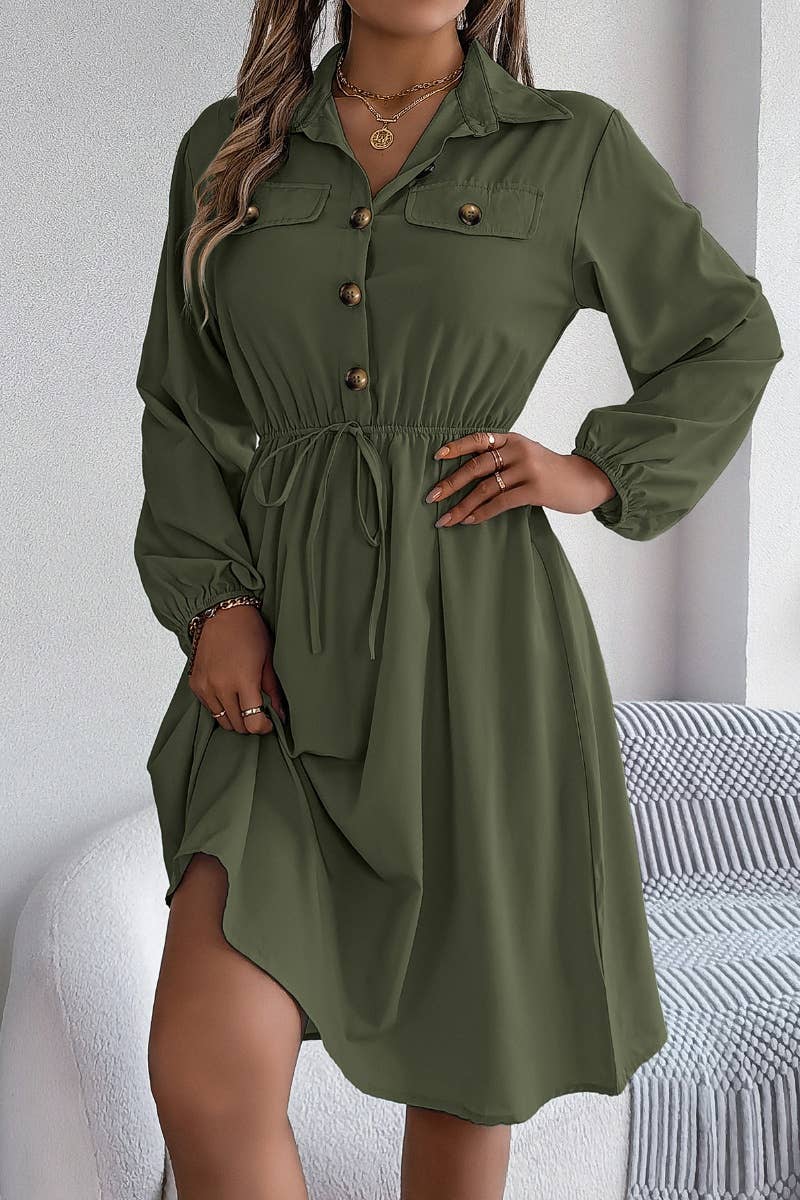CWDSD6424_CASUAL BUTTON-DOWN WAIST SHIRT DRESS SHORT