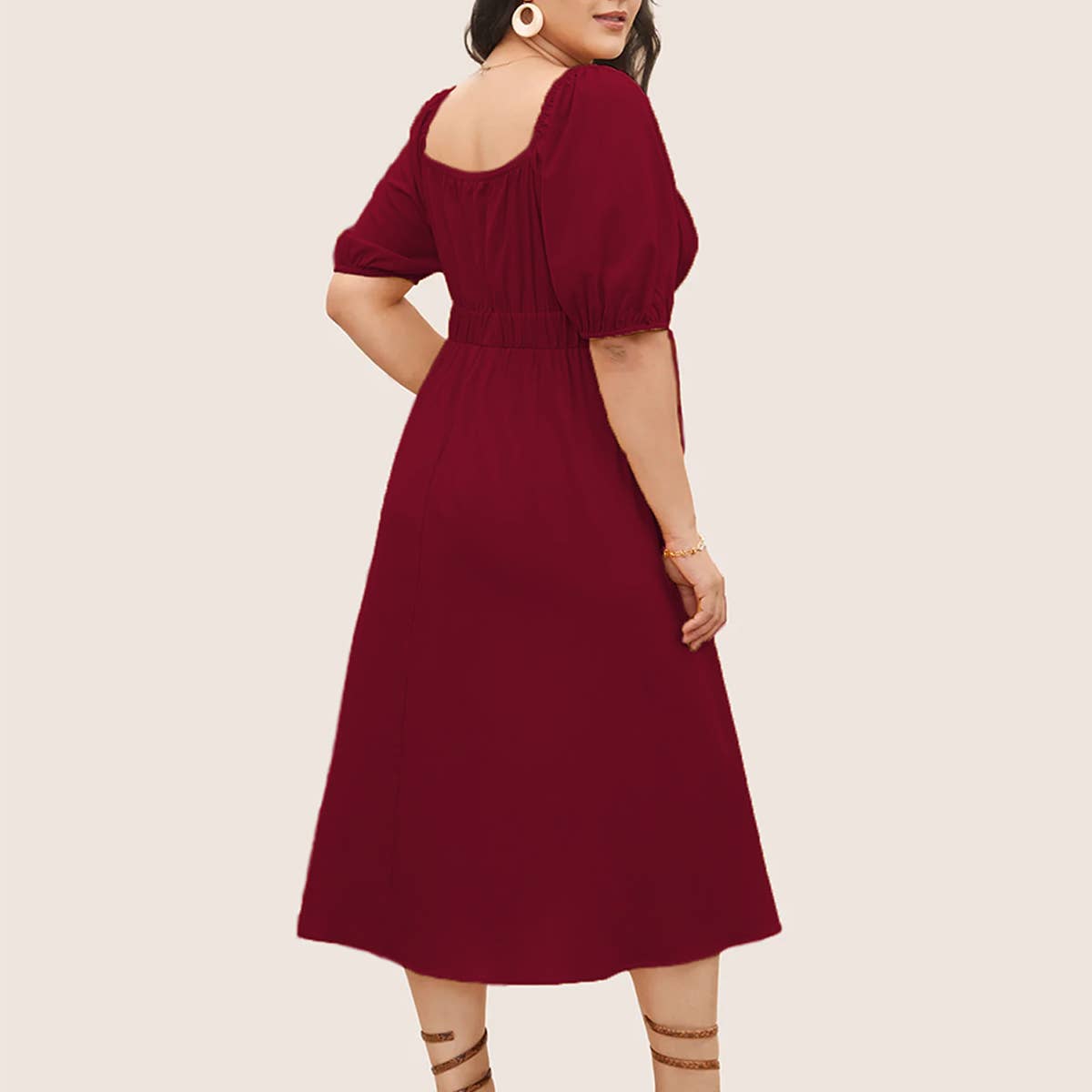 Summer Puff Sleeve Midi Dress with Pockets_CWDMD6037