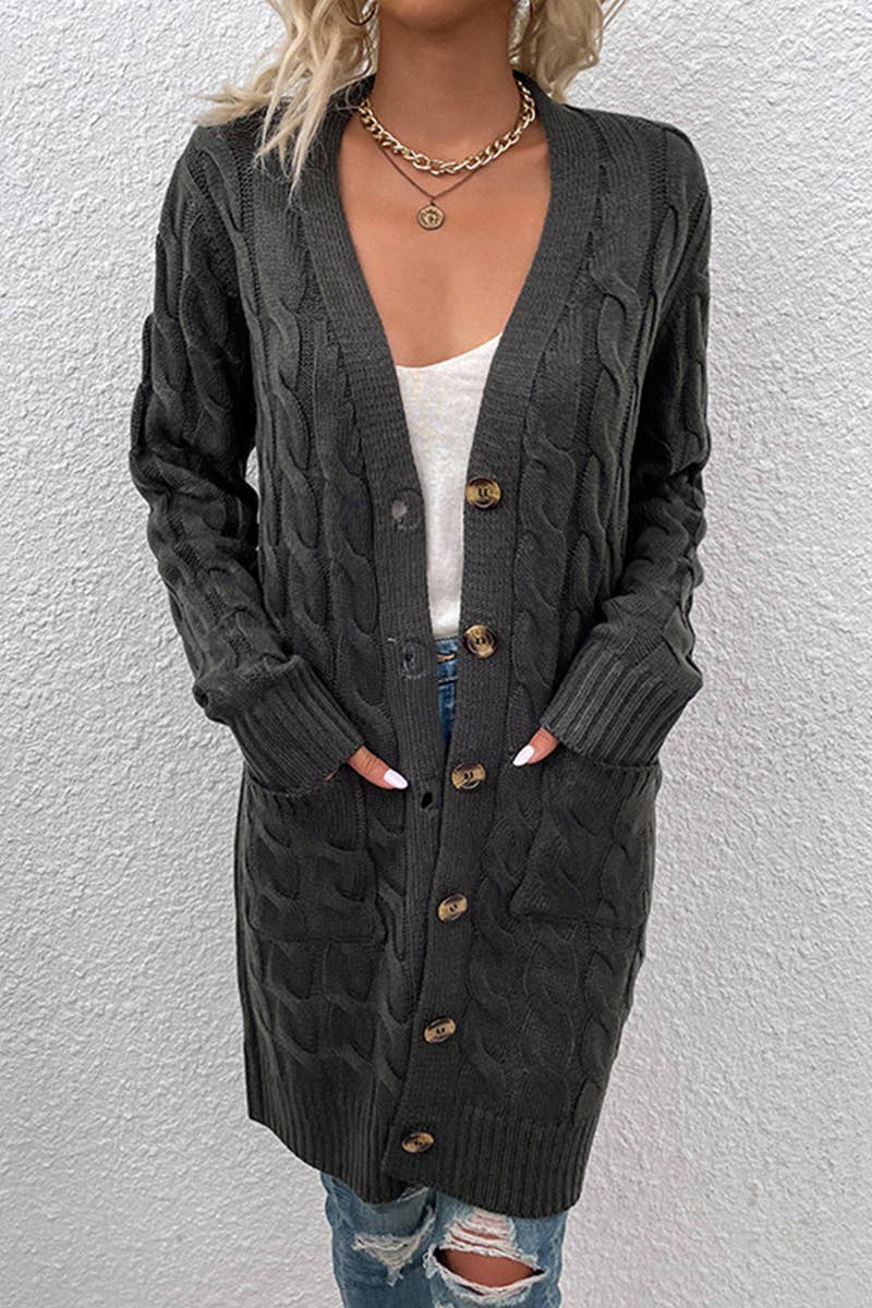 CWOCAL356 Button Down Cable Crew Neck Pullover Long Sweater