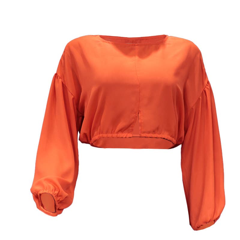 SOLID COLOR LANTERN LONG SLEEVE SHORT TOP