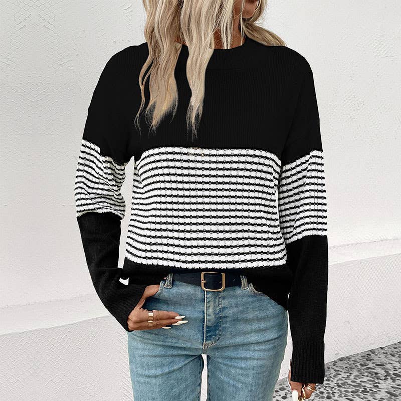 LONG SLEEVE CREW NECK SWEATER IN STRIPED COLOR