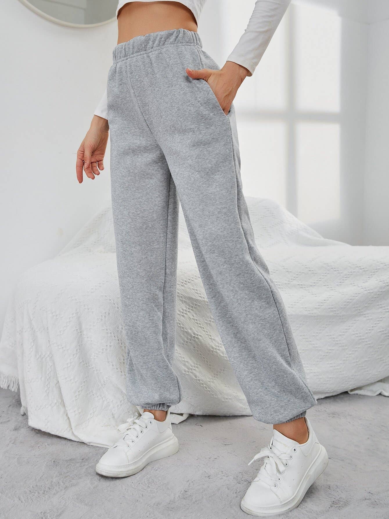 POCKET DESIGN HIGH-WAISTED SPORTS FLEECE PANTS