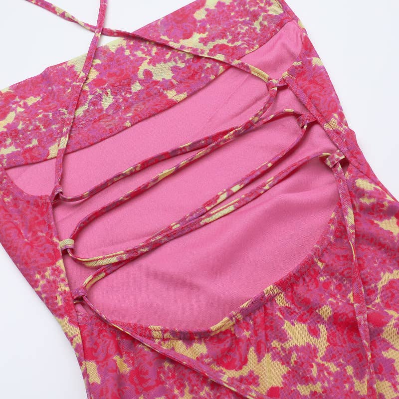 Sexy printed covers buttocks halter short dress