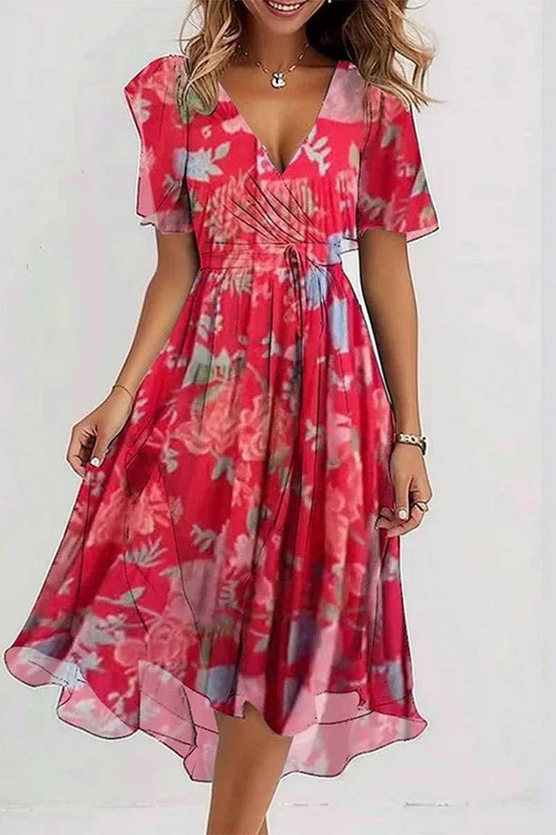 CWDMD01029_LOOSE AND CASUAL V-NECK FLORAL PRINT DRESS