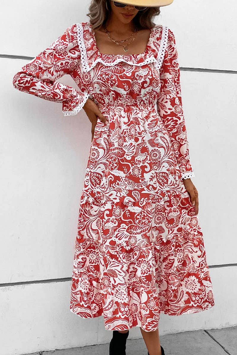CWDMD4542_SPRING AND AUTUMN LONG SLEEVE RED PRINTED DRESS