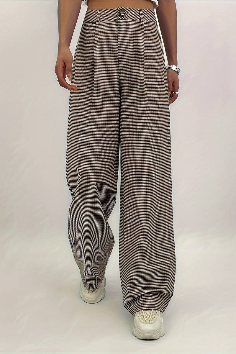 CWBLP1121_HIGH-RISE CHECKED WRINKLED STRAIGHT-LEG TROUSERS