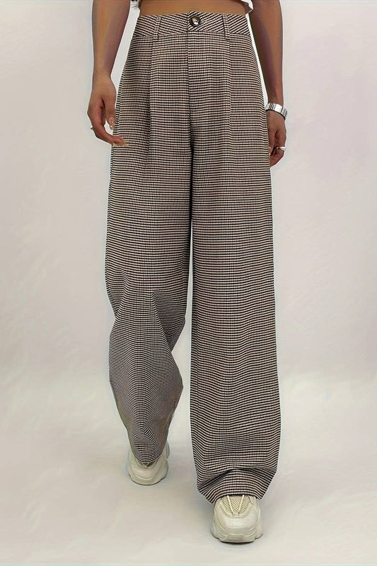 CWBLP1121_HIGH-RISE CHECKED WRINKLED STRAIGHT-LEG TROUSERS