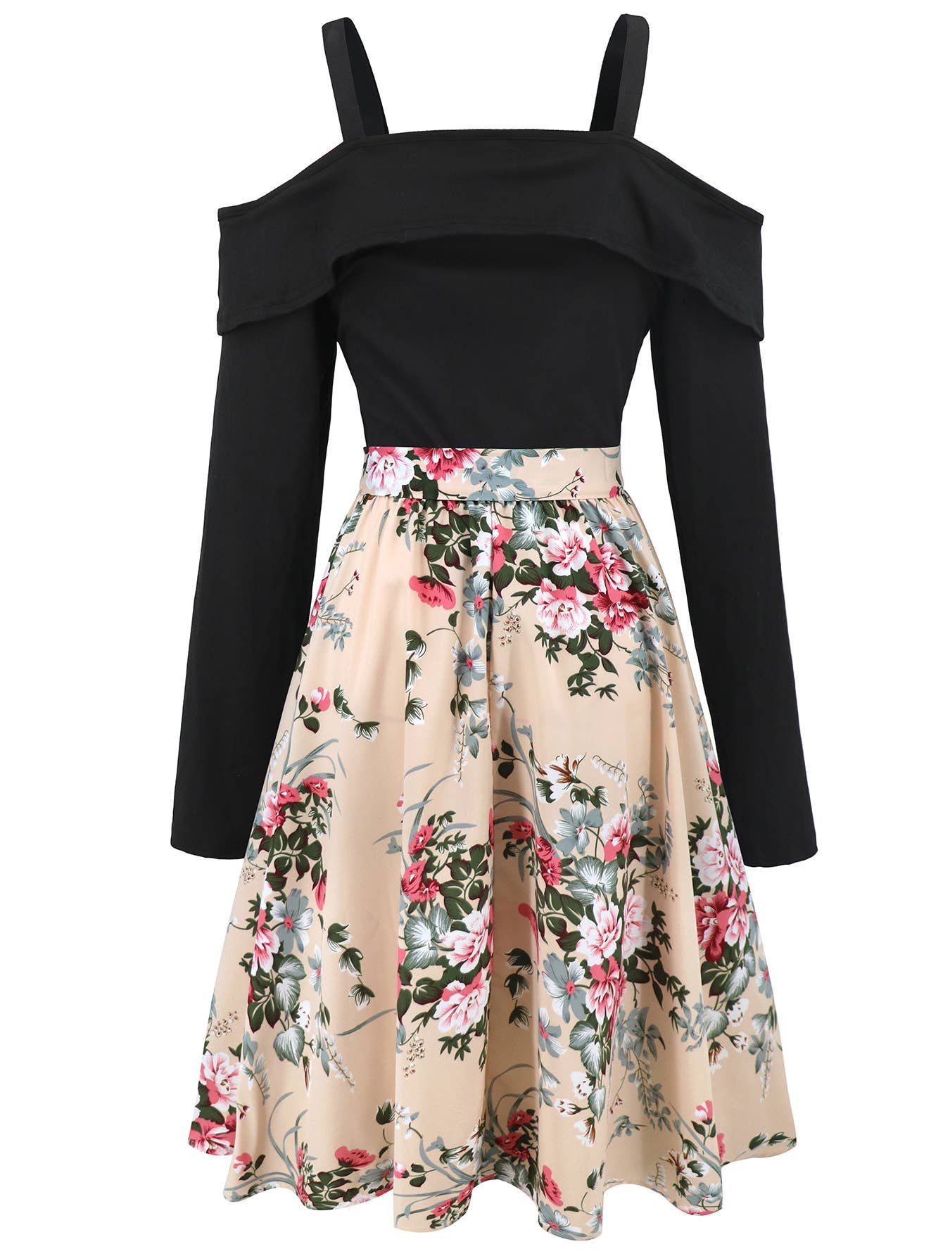 Long-sleeved off-the-shoulder floral dress