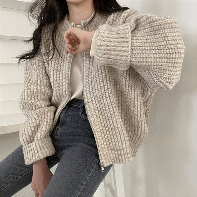 Solid-color zipper thick knitted cardigan