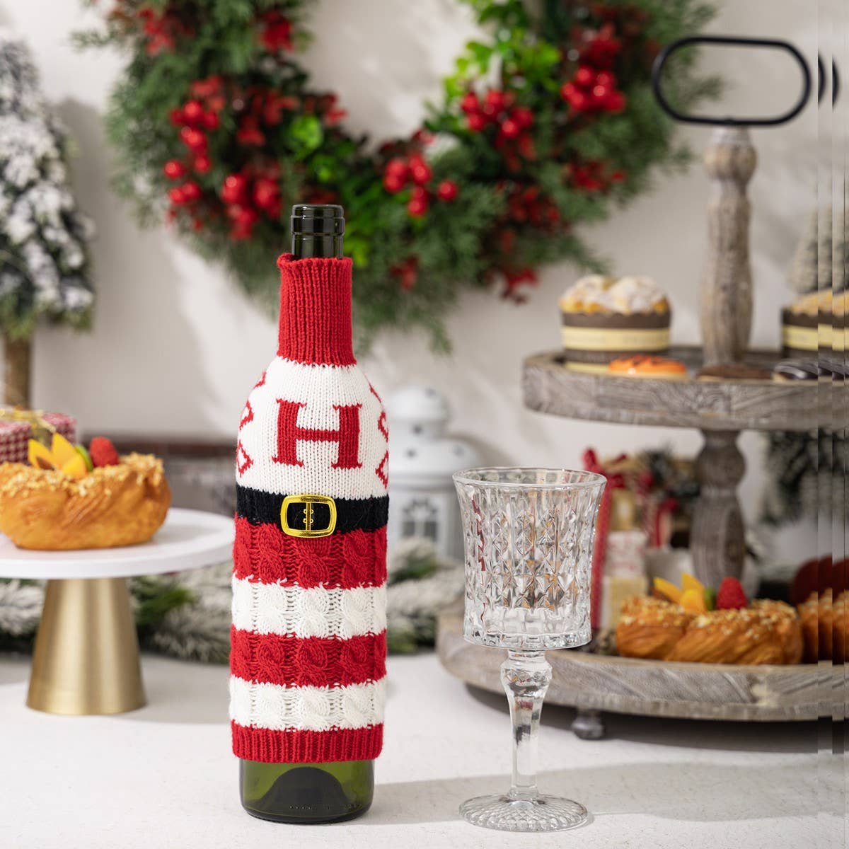 CWMM10337_KNITTED LETTER WINE BOTTLE COVER RED WHITE STRIPES
