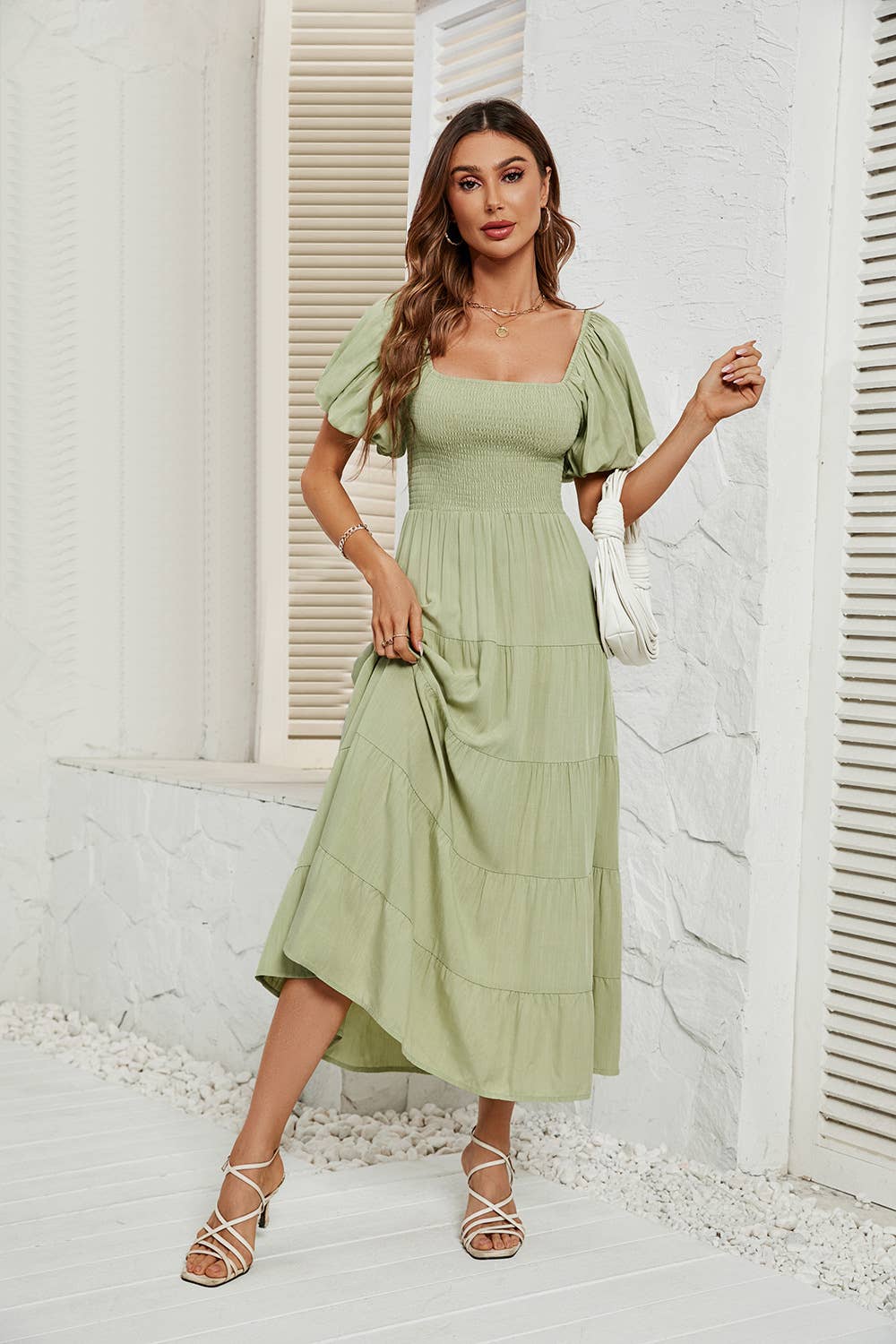 Solid-color high-waisted cinched waist dress