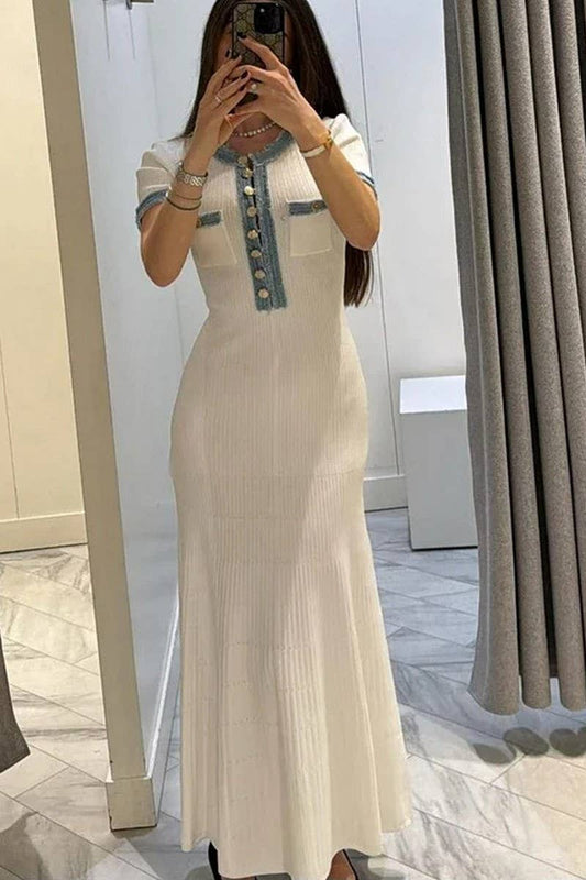 CWDMD4141_DENIM PATCHWORK KNITTED SHORT-SLEEVED DRESS