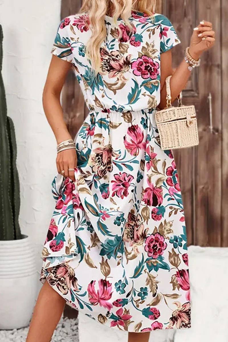 CWDMD5079_SUMMER LOOSE SHORT-SLEEVED FLORAL MIDI DRESS