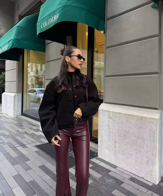 Stand-up collar,button-down pocket short jacket