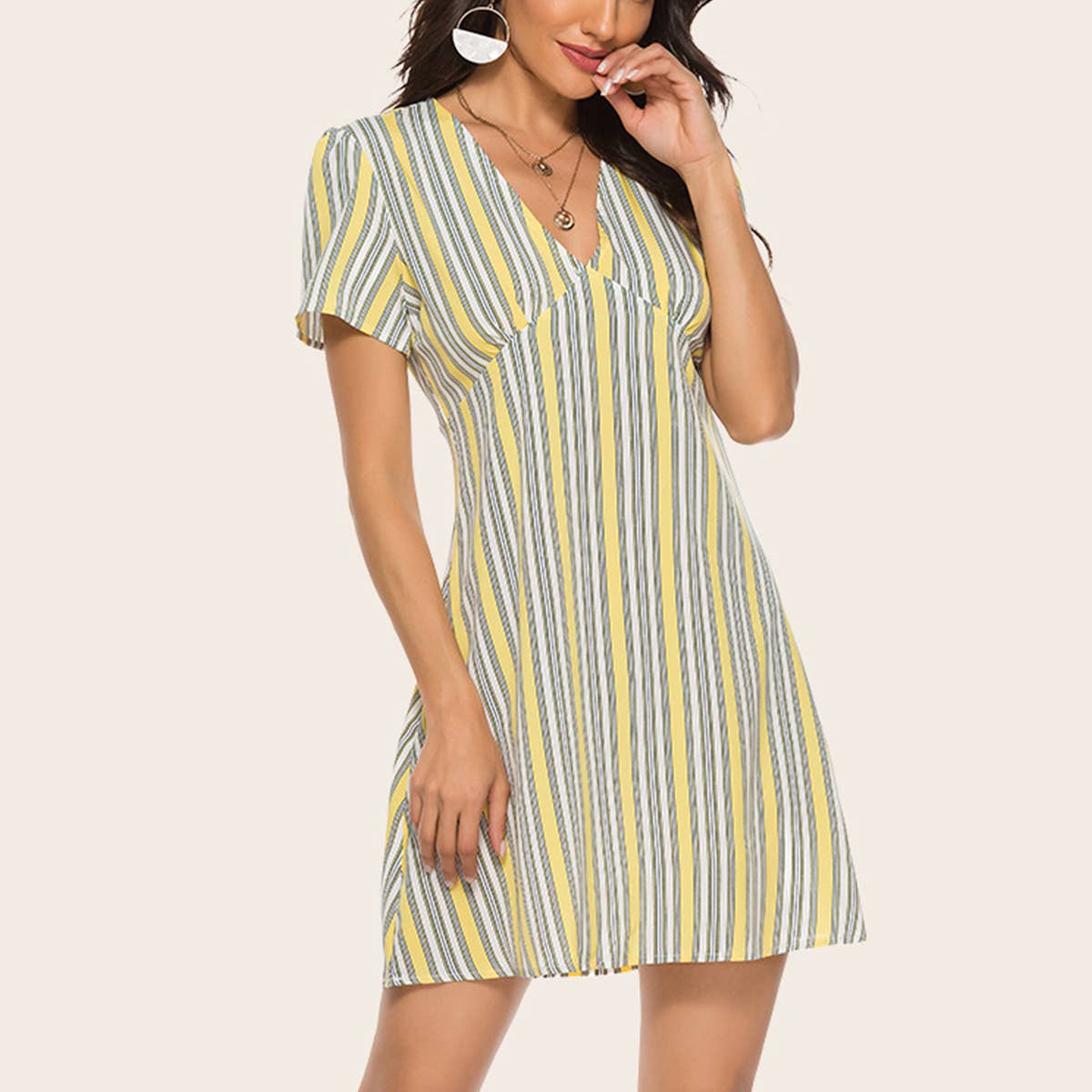 STRIPED V-NECK SHORT-SLEEVED SKIRT DRESS