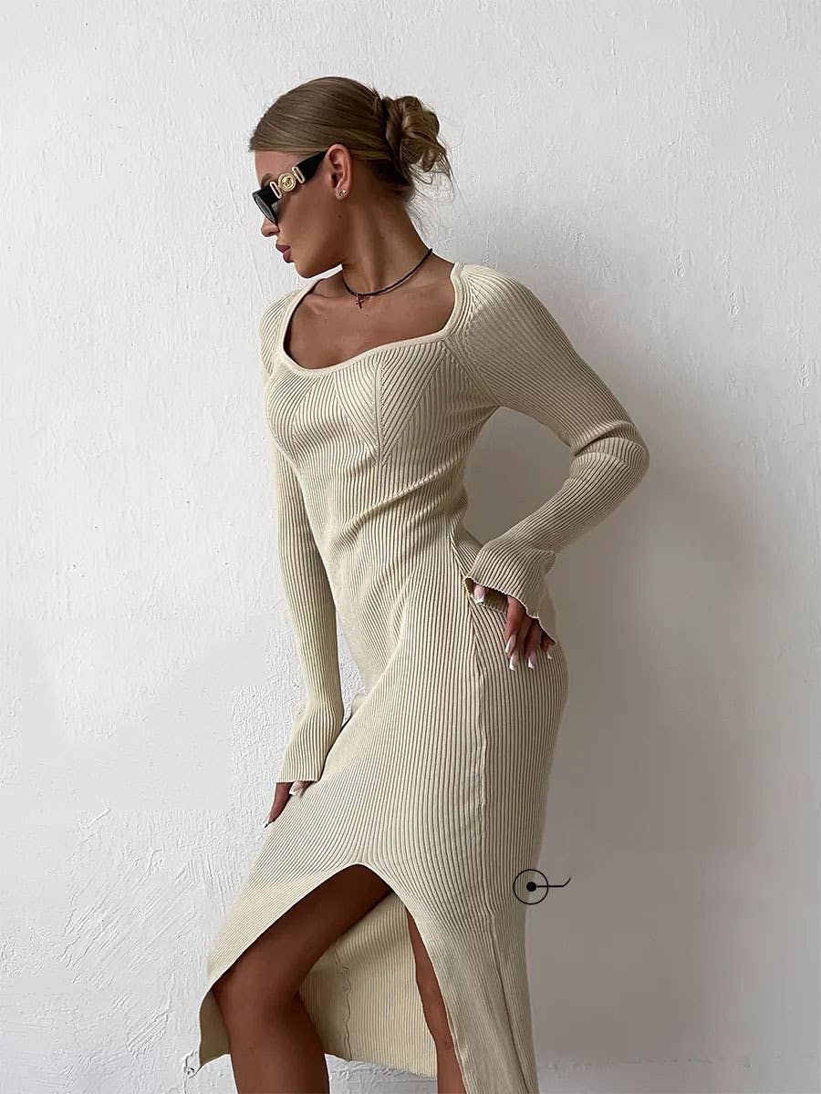LONG-SLEEVED SLIT TIGHT-WRAPPED HIP SWEATER DRESS