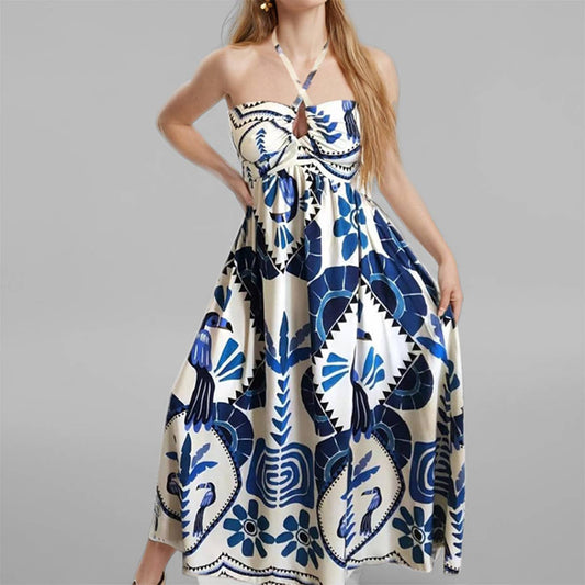 Print fashion halter halter lace-up loose dress