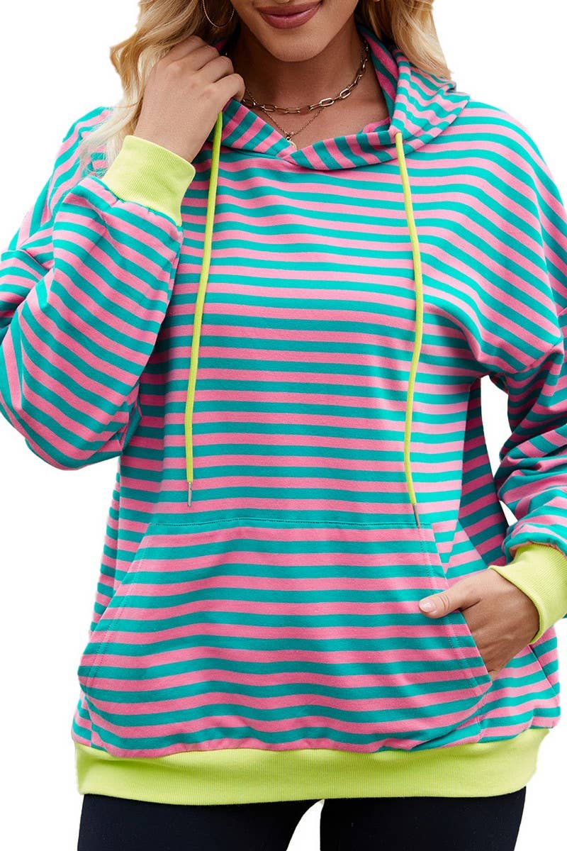CWOHOL1112_STRIPED LOOSE HOODED CONTRAST COLOR SWEATSHIRT