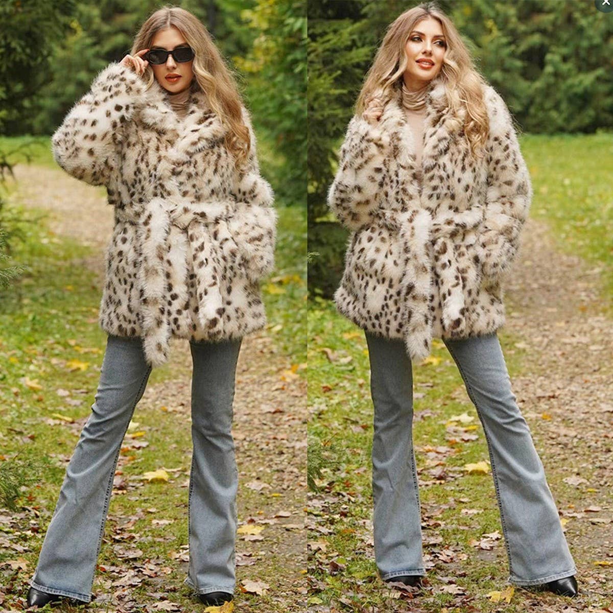 Leopard Faux Fur Belted Coat Women Mid Length