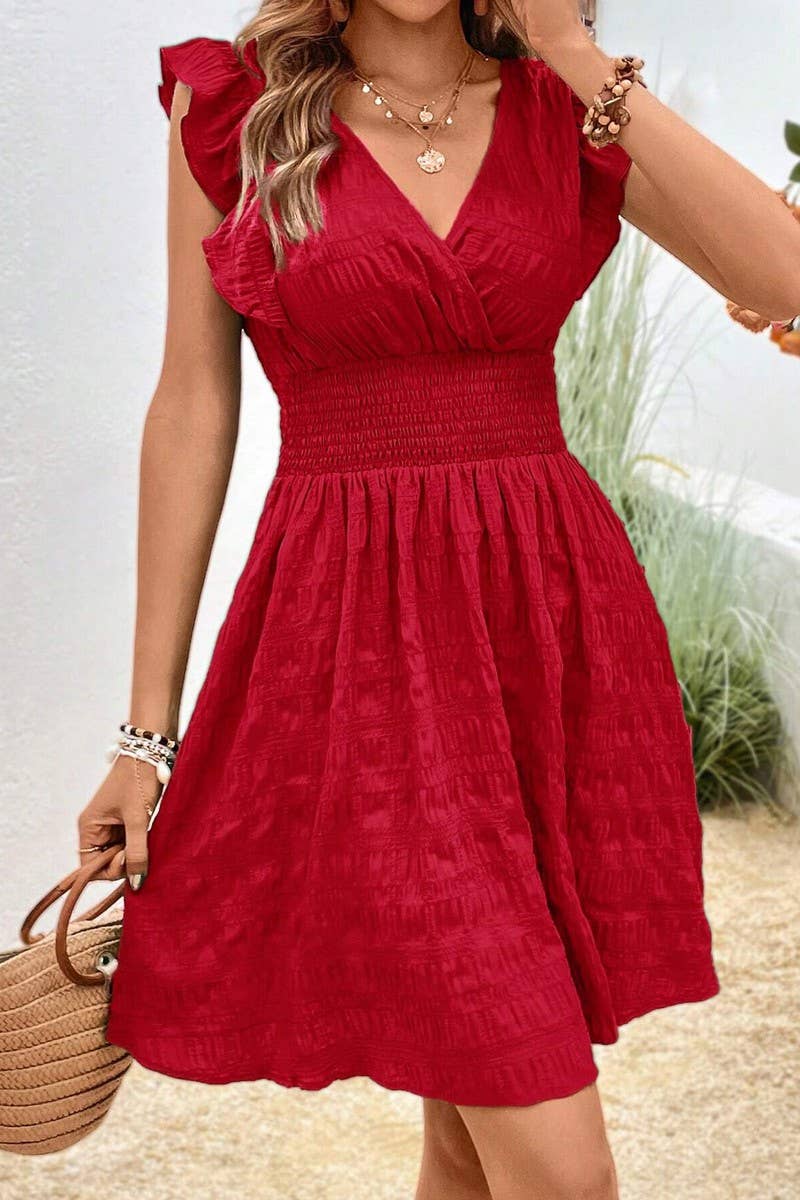 CWDSD8282_NEW SUMMER V-NECK PLEATED DRESS