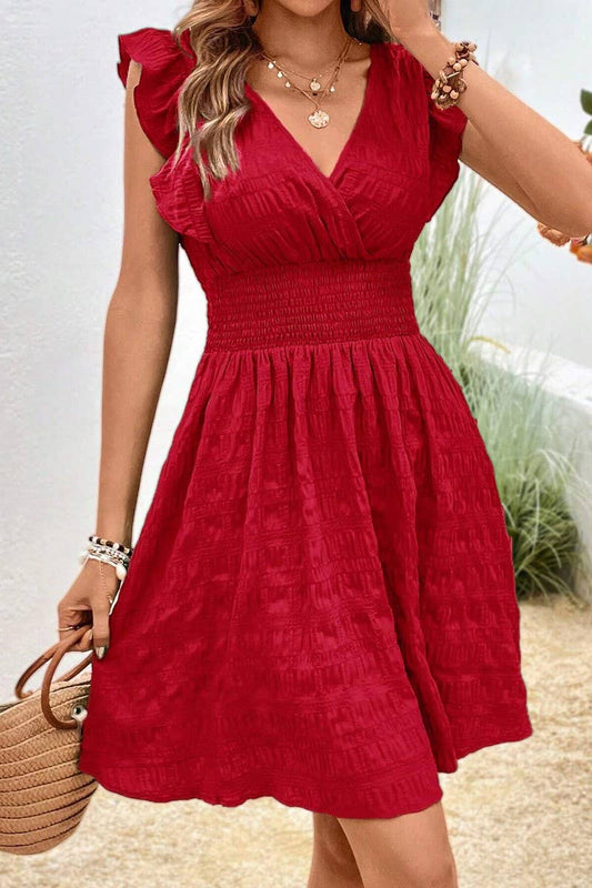 CWDSD8282_NEW SUMMER V-NECK PLEATED DRESS