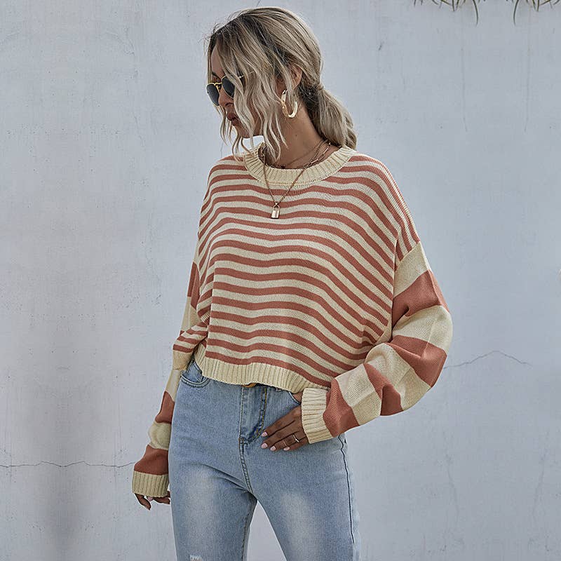 Round-neck short striped loose knitted sweater