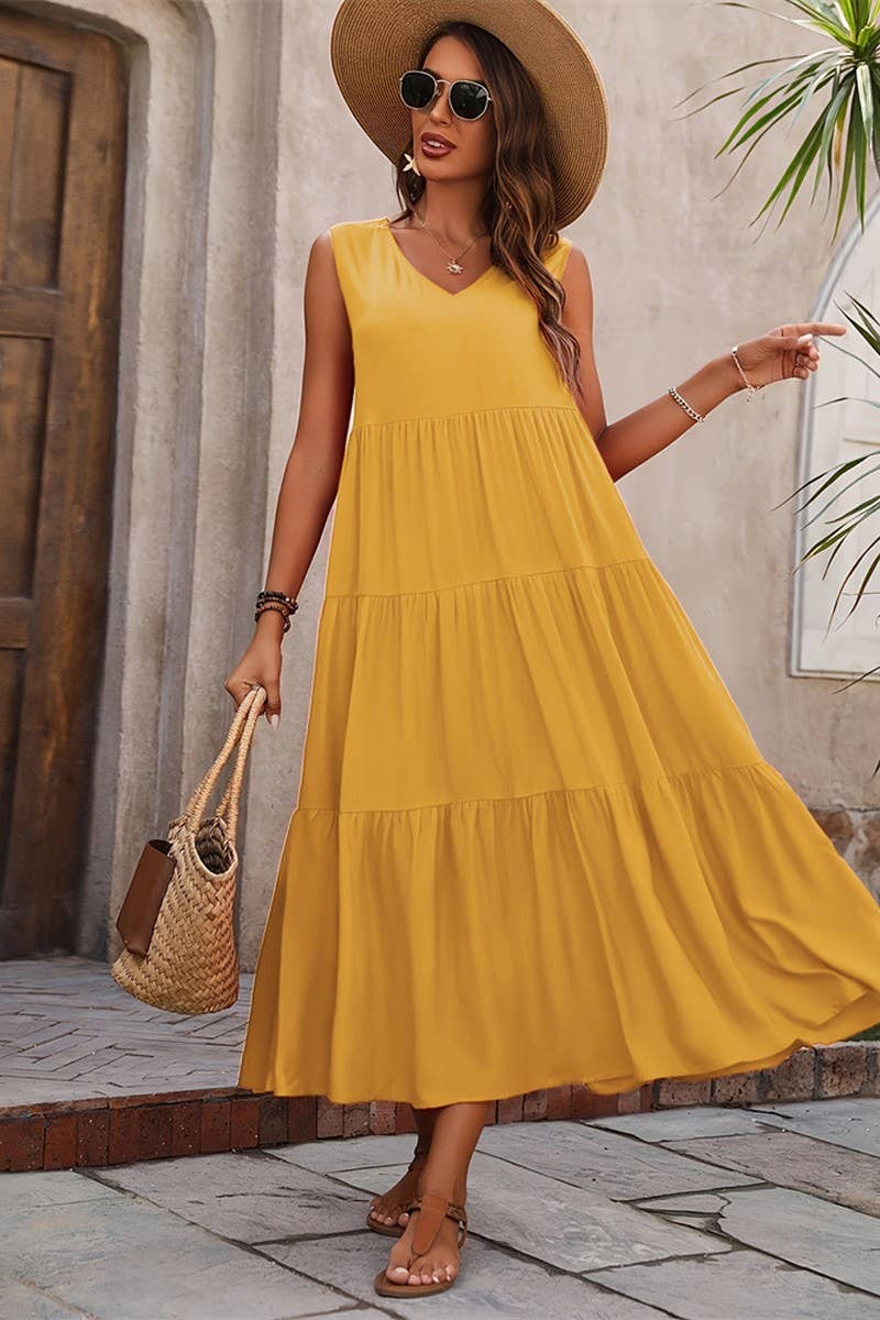 CWDMD4880_SOLID V NECK TIERED HEM SLEEVELESS DRESS