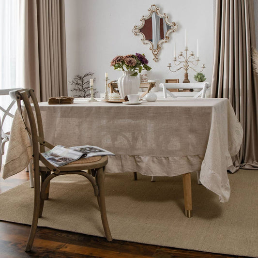 HOME PLAIN RUFFLED POLYESTER AND LINEN TABLECLOTH