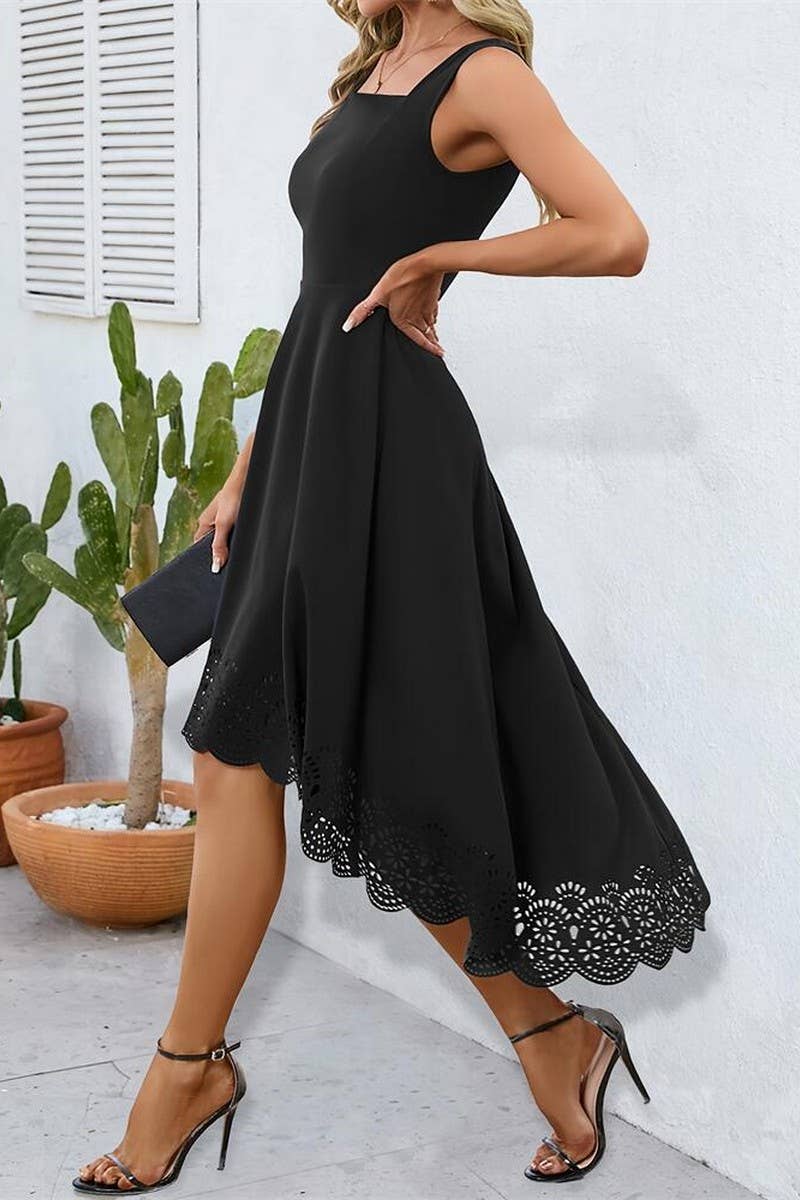 CWDHL0779_ELEGANT IRREGULAR HEM HOLLOW VEST DRESS