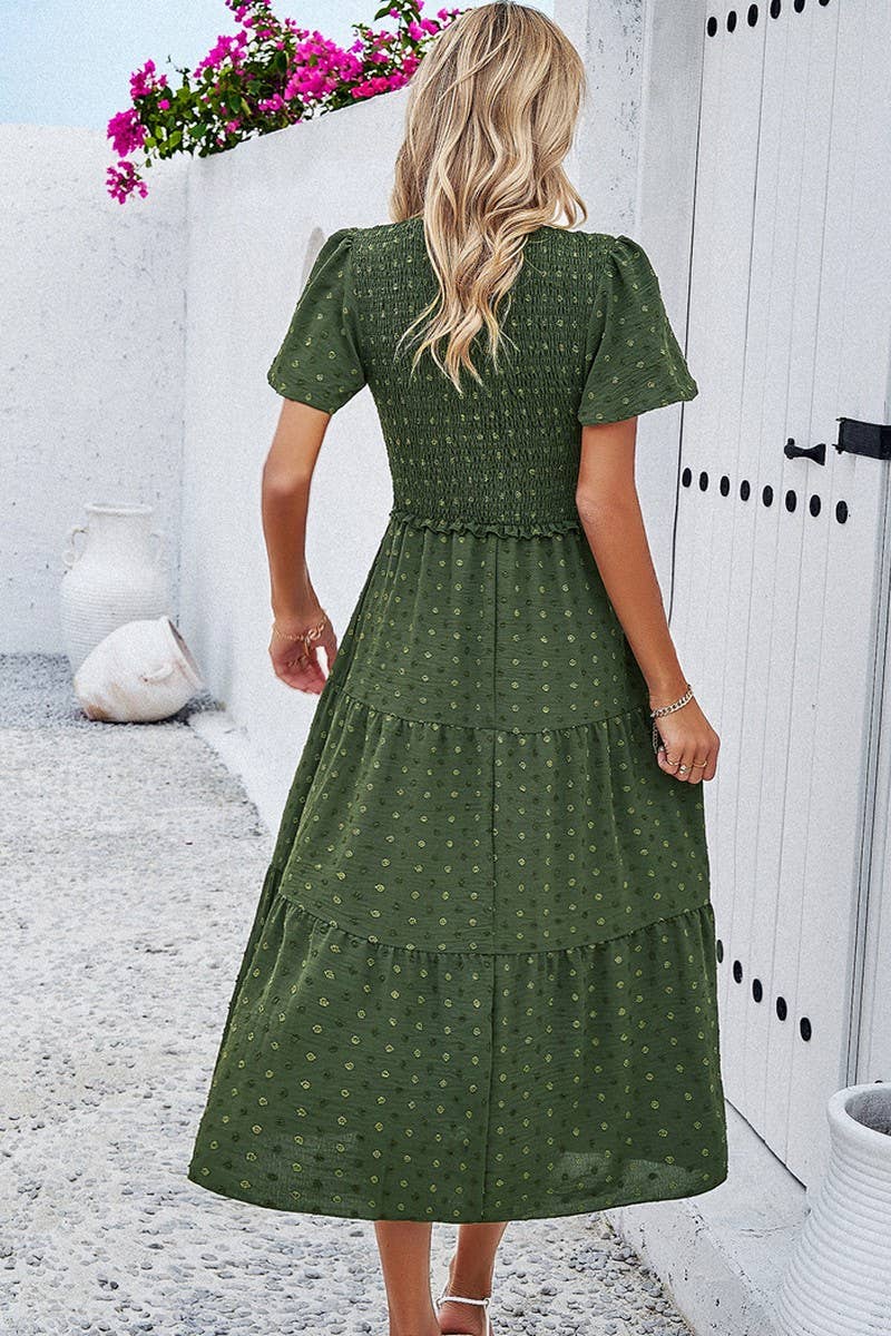 LEISURE PURE COLOR V NECK SHORT SLEEVE DRESS_CWDSD2810