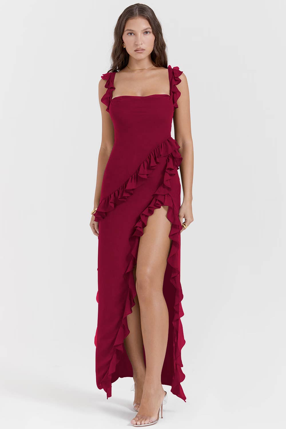 Off shoulder sexy open back ruffle split dress
