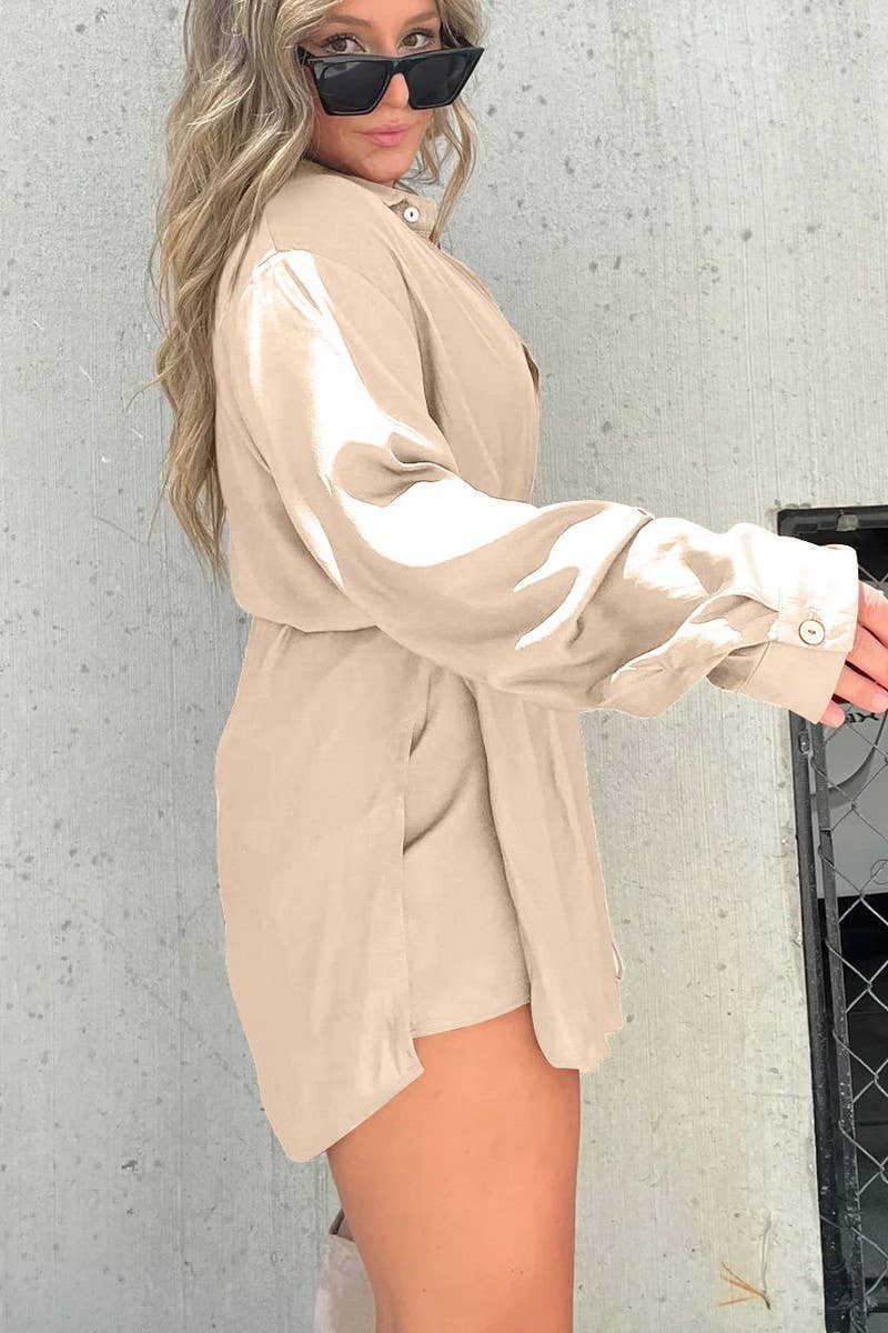 BELT DRAWSTRING SLIT SHIRT AND SHORTS SET_CWSTB0408