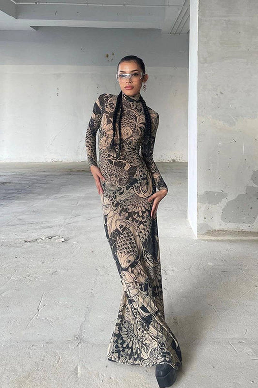 CWDMD6429_FASHION MESH SEE-THROUGH HIGH COLLAR SLIM DRESS_