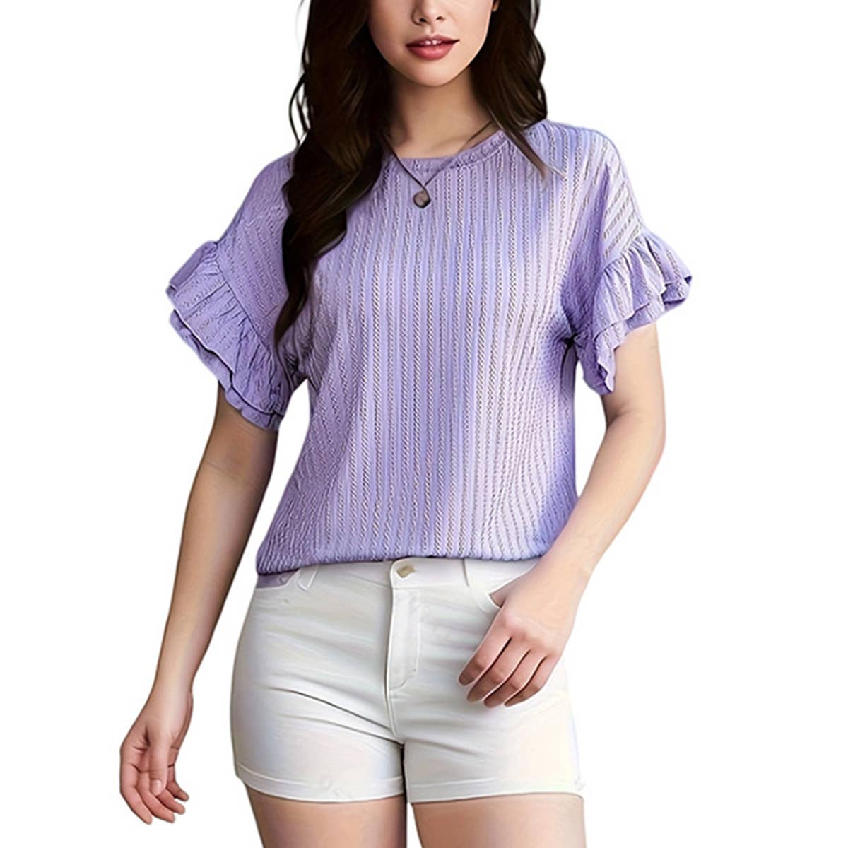 Round neck short sleeve T-shirt with lotus sleeves