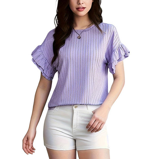 Round neck short sleeve T-shirt with lotus sleeves