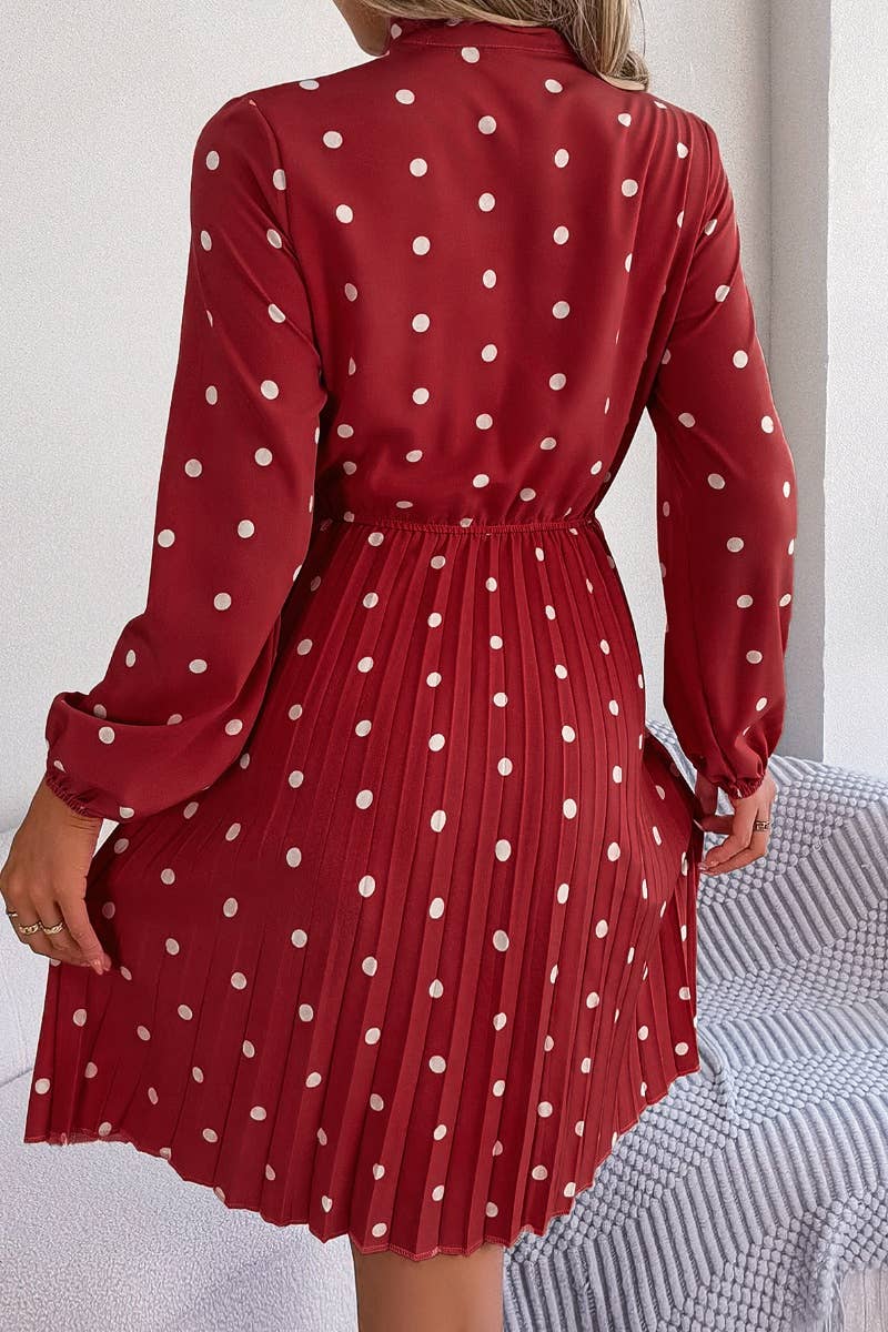 CWDSD4684_SUMMER POLKA-DOT WAIST LONG SLEEVE PLEATED DRESS
