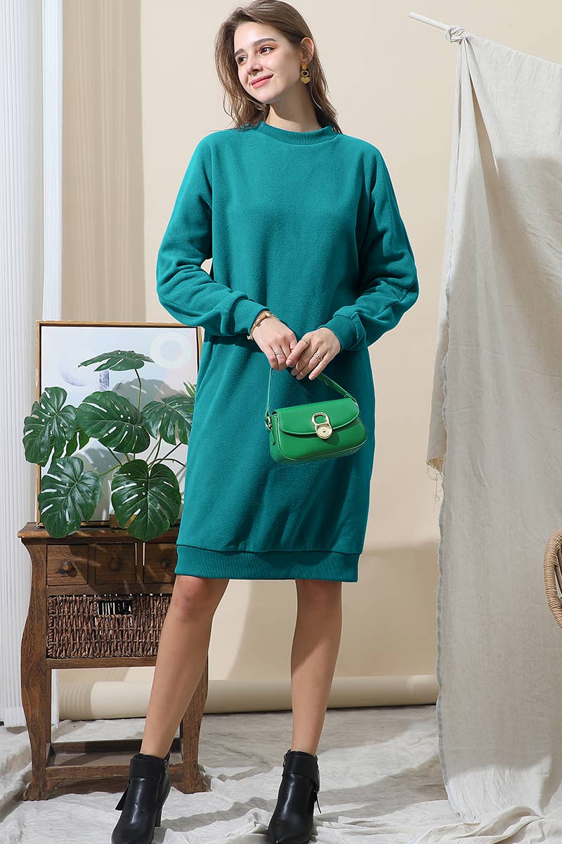 CWDMD793-P_R NECK FLEECE PULLOVER DRESS WITH SIDE POCKETS