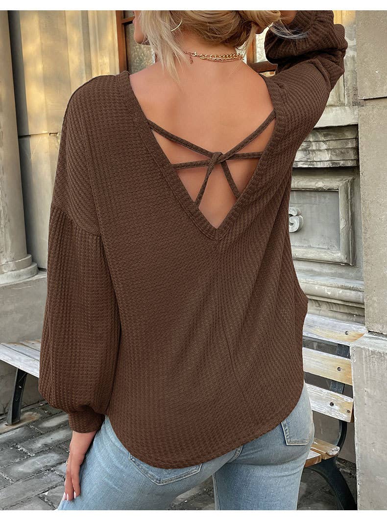 Lantern-shaped long-sleeved backless waffle top